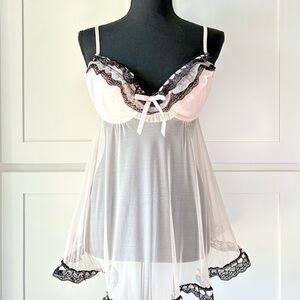 Pink lace babydoll lingerie top with bow details